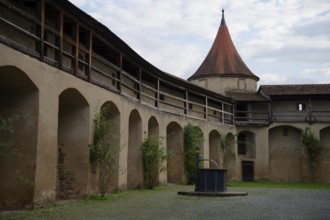 Medieval battlements at Comburg Castle, Benedictine monastery, Way of St James, pilgrimage route,