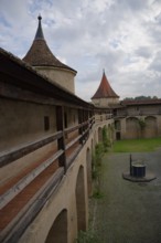 Medieval battlements at Comburg Castle, Benedictine monastery, Way of St James, pilgrimage route,