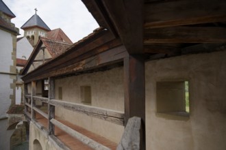 Medieval battlements at Comburg Castle, Benedictine monastery, Way of St James, pilgrimage route,