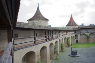 Medieval battlements at Comburg Castle, Benedictine monastery, Way of St James, pilgrimage route,