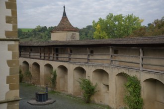 Medieval battlements at Comburg Castle, Benedictine monastery, Way of St James, pilgrimage route,