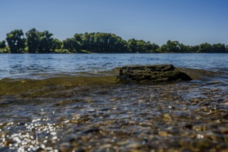 The picture shows a calm river with clear water and flat stones on the bank. The sun shines on the