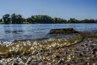 On a clear day, the river flows calmly while gentle waves crash against the stones. The bank is