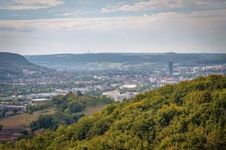 Urban landscape of Jena with forests, under an expansive sky, Jena, Thuringia, Germany