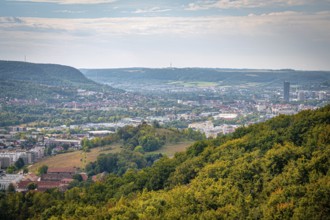 View of the city of Jena and mountains in the background from a wooded hill, Jena, Thuringia,