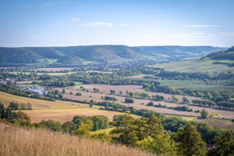 Wide landscape with fields and hills under a blue sky, Jena, Thuringia, Germany
