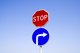 The road sign is stop. sign turn right. Krasnodar, Russia