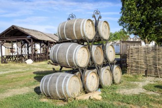 Stacked wine barrels. Decoration of the barrels in the village Ataman. Taman, Krasnodar Krai,