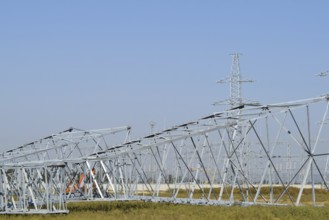 Power line support, insulators and wires. Taman, Krasnodar Krai, Russia