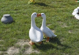 Toy geese on the lawn. Taman, Krasnodar Krai, Russia