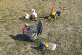 Toy turkeys and chickens in the meadow. Taman, Krasnodar Krai, Russia