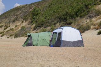 Tourist tent on the sand. Golubitskaya, Russia