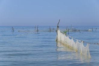 Fishing nets set in the sea. Golubitskaya, Russia
