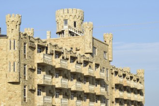 The hotel building, covered with decorative stone. Golubitskaya, Russia