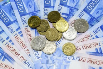 Russian banknotes and coins. Krasnodar, Russia