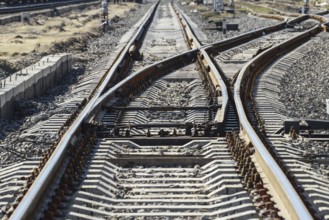 Railroad tracks at the train station. Atyrau, Kazakhstan