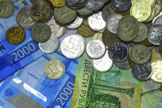 Russian banknotes and coins. Krasnodar, Russia