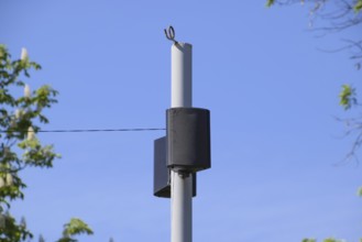 The loudspeaker on the pole. Outdoor speakers for fun walking in the park. Atyrau, Kazakhstan