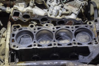 The cylinder block of the four-cylinder engine. Atyrau, Kazakhstan
