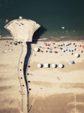 Batumi, Georgia - 15th august, 2025: Aerial top view of Batumi Georgia beach with pier bridge,