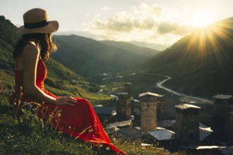 Tourist woman in red dress enjoy view of Ushguli village in Georgia