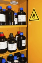 Flammable Chemicals In Bottles With Different Size in Orange Protection Cabinet, Marked With A