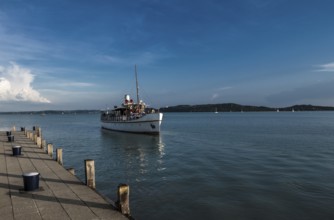 Ferry Ship approaches Harbor on Lake Balaton in Hungary