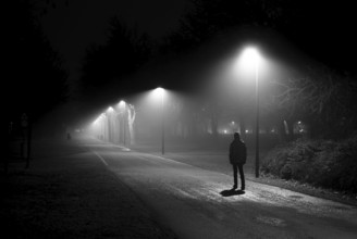 Silhouette Of A Single Person Walking on Illuminated Foggy Street With Street-Lanterns in the Dark