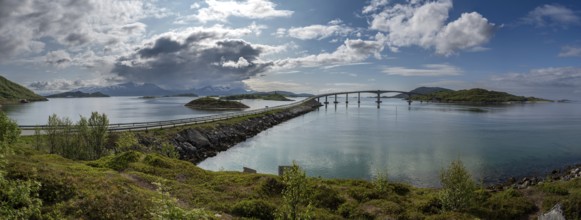 Road And Bridge Over Calm Fjord To Sommaroy And Hillesoya Island Near Tromso In Norway