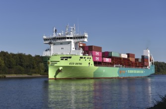 Container ship ECO OSTRO in the Kiel Canal, NOK, Kiel Canal, Kielkanal, Schleswig-Holstein, Germany