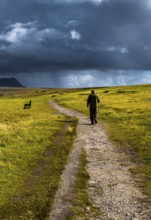 Old Man With Walking Stick Strolls On Narrow Gravel Path Through Scenic Landscape With Spectacular