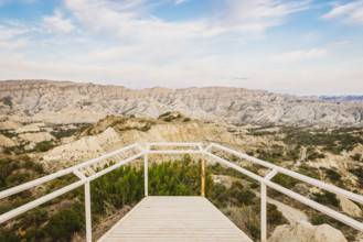 Viewpoint platform with no people and tourist in Vashlovani national park. Rock formations in