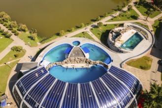 Batumi, Georgia - 7th august, 2025: Aerial view Batumi Georgia dolphinarium with pools beside