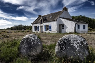 Ancient Stone Field Alignements De Menhir Carnac With Neolithic Megaliths And Old Cottage In