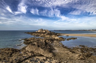 Ancient City Saint-Malo And Coastal Fort Petit Be With Sand Beach In Brittany, France