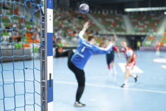 Detail of handball goal post with net and handball match in the background. handball. Lubin, Poland