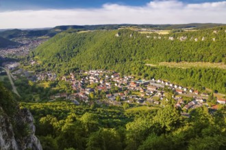 View of Honau, houses, streets, buildings, trees, outdoor swimming pool, mountains, Honau,