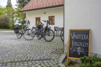 Bicycles in front of the wine shop, Jeruzalem, municipality of Ljutomer, Slovenia