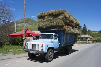 A lorry drives along a village road, loaded with many layers of hay bales, surrounded by green