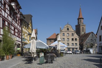 Historic buildings on the market square, half-timbered building, St Michael's Church, Old Town,