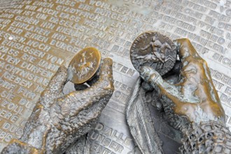 Sculpture, detail with coins, city elevation monument, Burgplatz, Old Town, Düsseldorf, Rhineland,