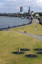 Rheinpark Bilk and Rheinuferpromenade, view of the old town on the Rhine, Düsseldorf, Rhineland,
