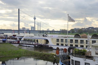 Excursion boats in front of the Oberkasseler Brücke, on the Tonhallenufer, Pempelfort district,