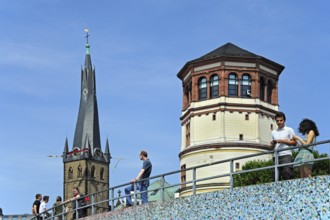 Rhine embankment promenade, Rhine embankment promenade with St. Lambertus Church and castle tower,