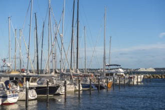 Strande marina near Kiel, Rendsburg-Eckernförde district, AIDA, ship masts, dolphins, Baltic Sea,