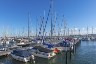 Strande marina near Kiel, Rendsburg-Eckernförde district, ship masts, jetty, dolphins, Baltic Sea,