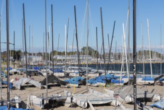 Catamarans on the beach, Strande near Kiel, Rendsburg-Eckernförde district, Baltic Sea, behind the