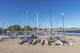 Catamarans on the beach, Strande near Kiel, Rendsburg-Eckernförde district, Baltic Sea, behind the