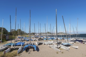 Catamarans on the beach, Strande near Kiel, Rendsburg-Eckernförde district, Baltic Sea, behind the