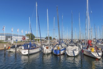 Strande marina near Kiel, Rendsburg-Eckernförde district, ship masts, water reflection, dolphins,